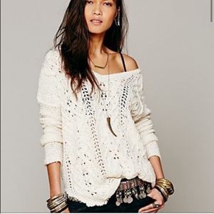 Free People Cross My Heart Distressed Open Knit Oversized Sweater S